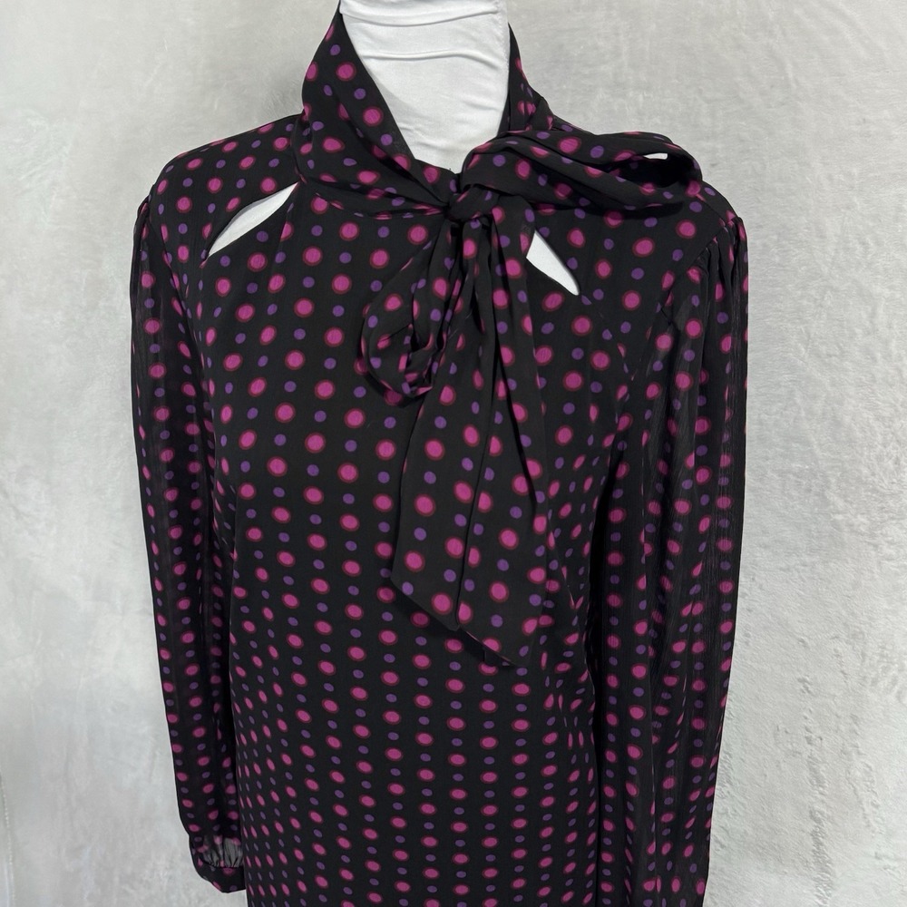 The Limited‎ Long Sleeve Tie Neck Shift Dress Size 10 Black Pink Polka Dot Retro - Picture 2 of 15
